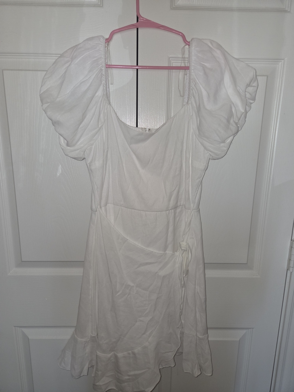 Francesca's Collections White Puff-Sleeve Wrap Mini Dress